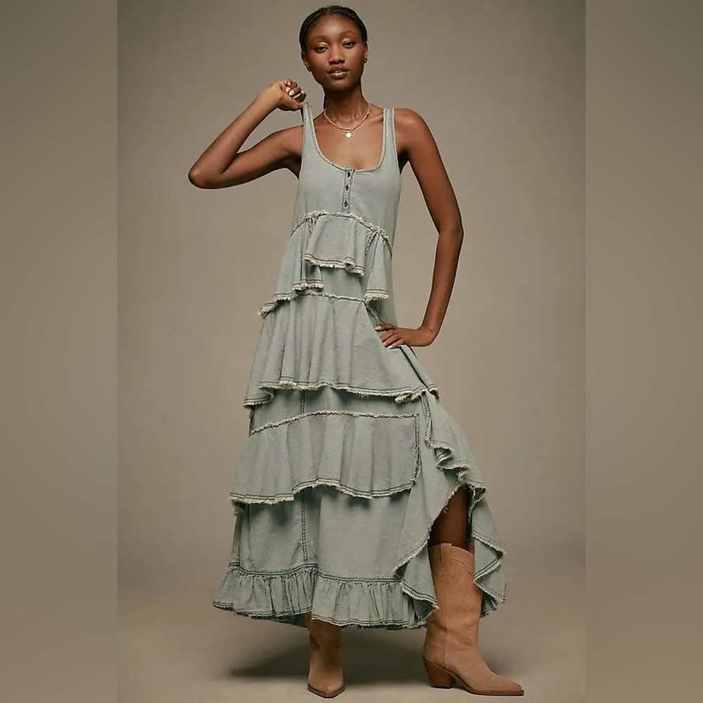 Pilcro Sleeveless Tiered Ruffled Denim Midi Dress NWOT